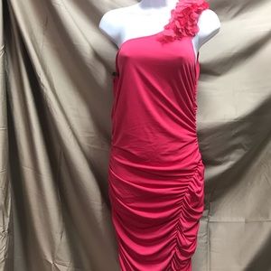 Cocktail midi dress one sleeve with accent flowers